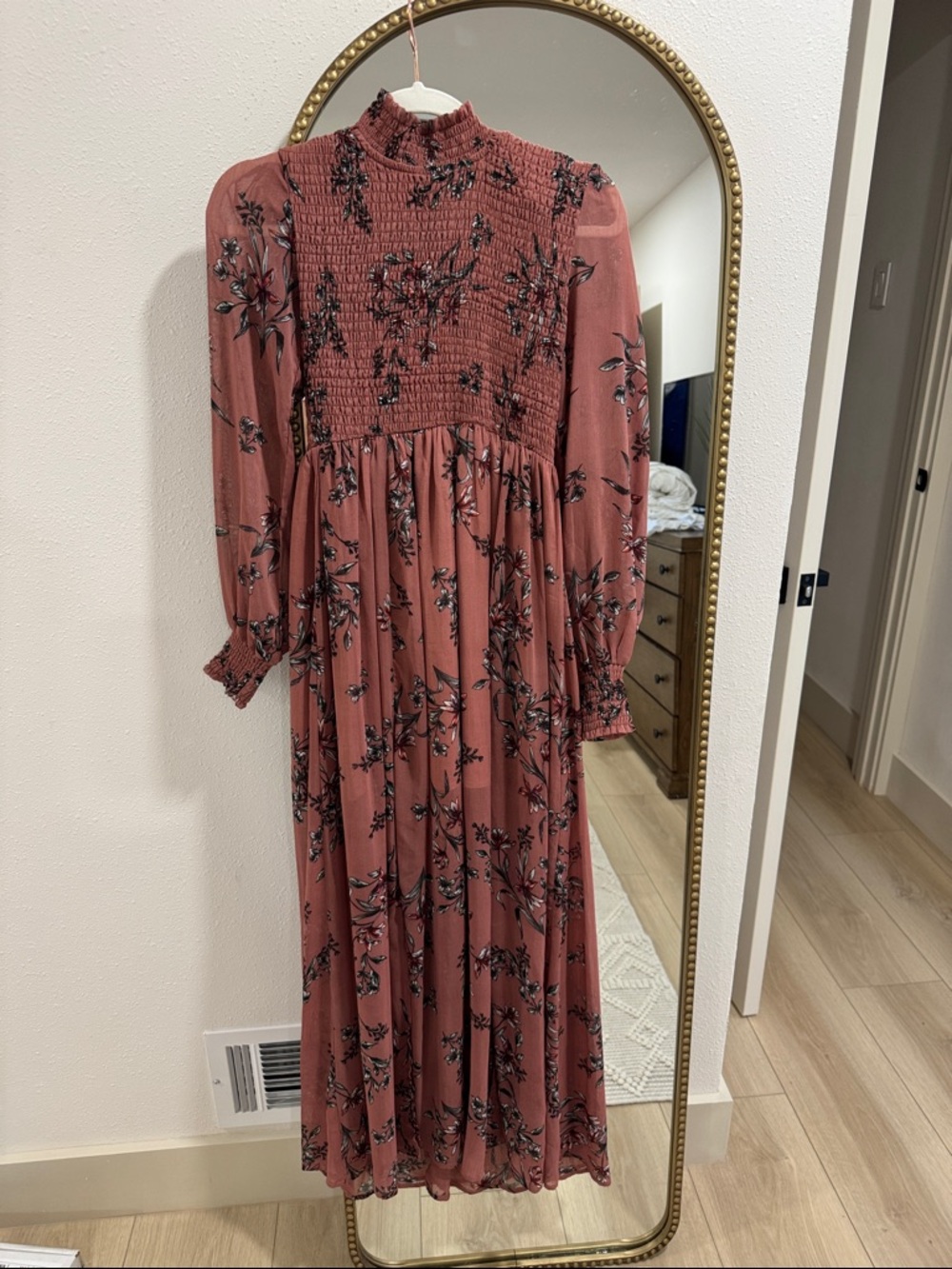 Endless Rose Dusty Rose Floral Smocked Maxi Dress with Black Print